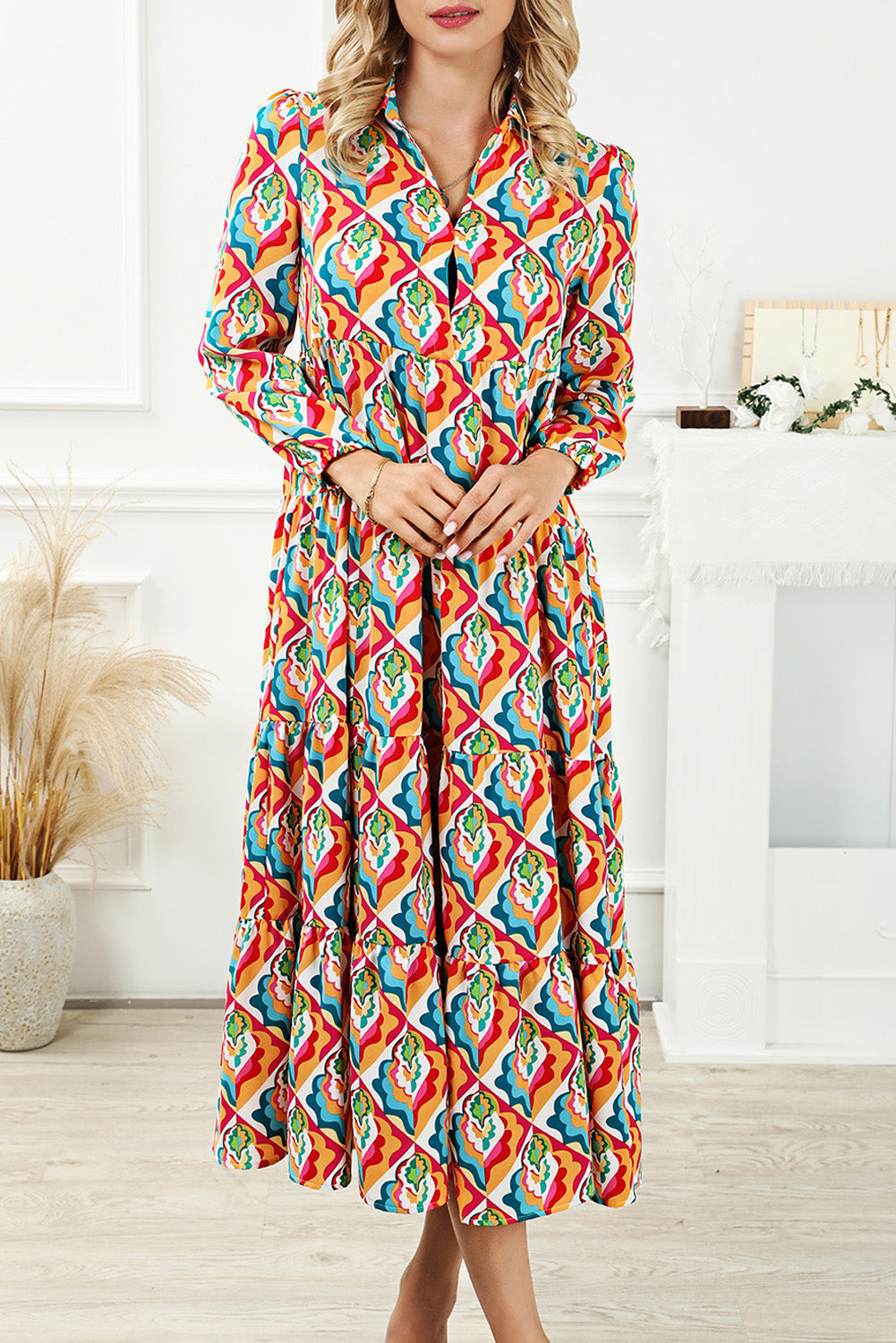 Multicolor abstrakt geometrisch print langärmeliges kleid mit hoher taille