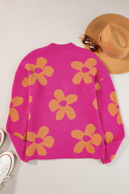 Rose große blume muster mock neck long sleeve pullover