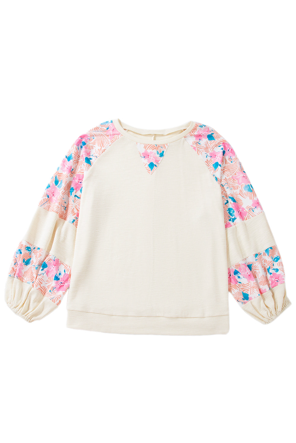 Aprikose plus größe floral patchwork gerippte puffärmel top