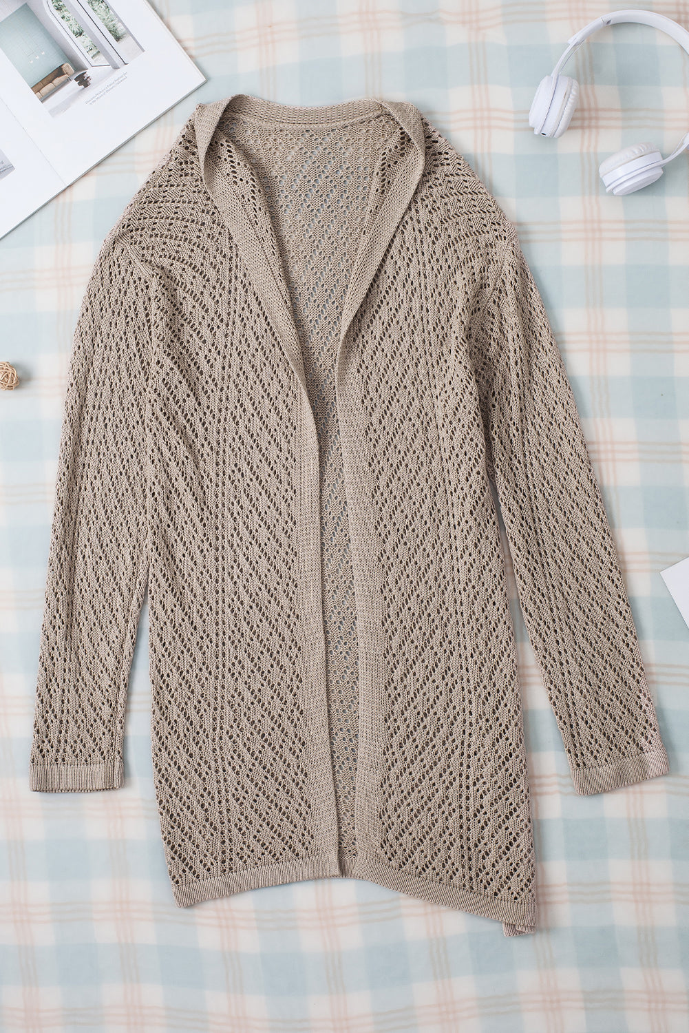 Rauchgrauer pointelle-strickcardigan mit offener vorderseite