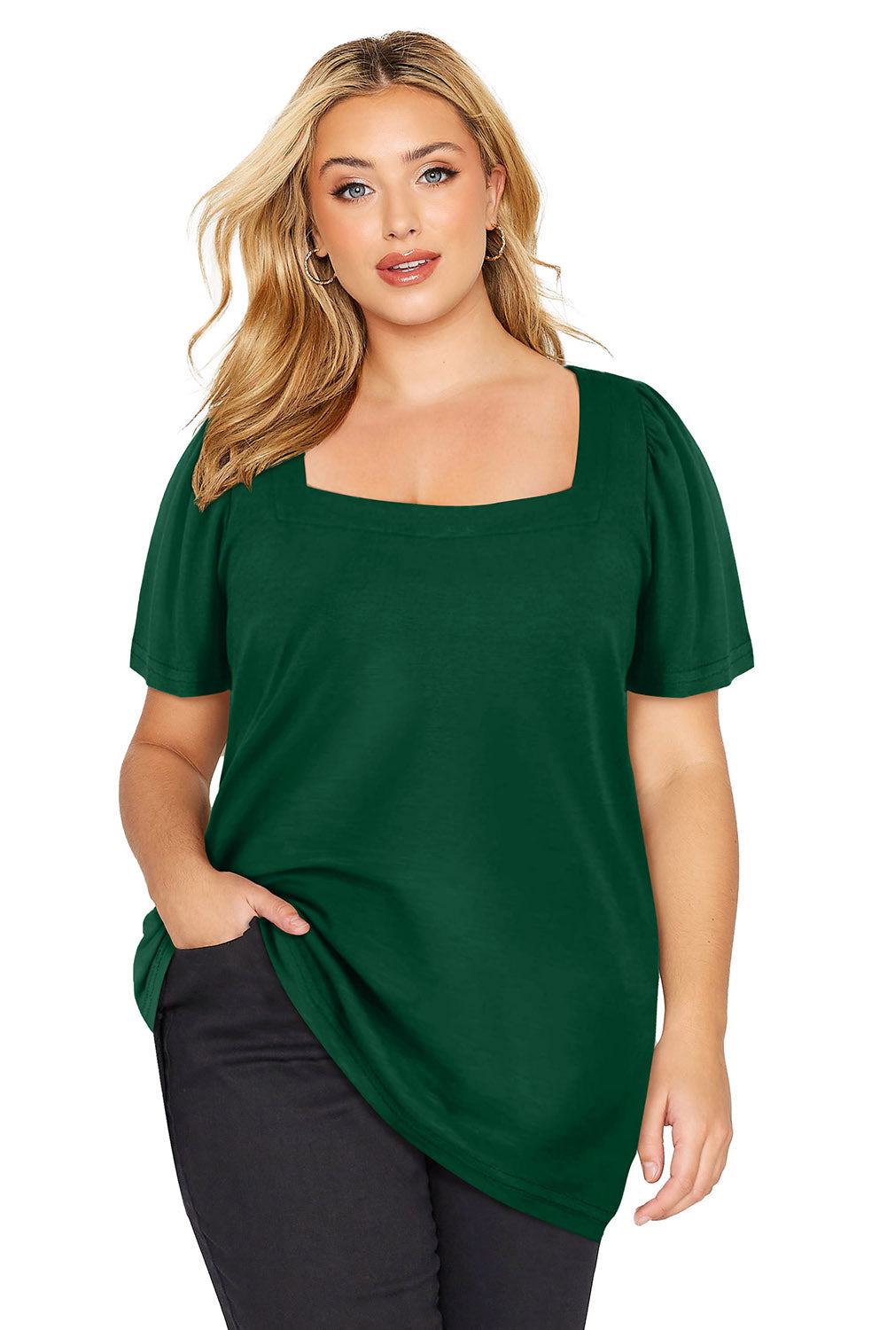 Grünes plus size quadratischer hals geraffte schulter kurzarm top