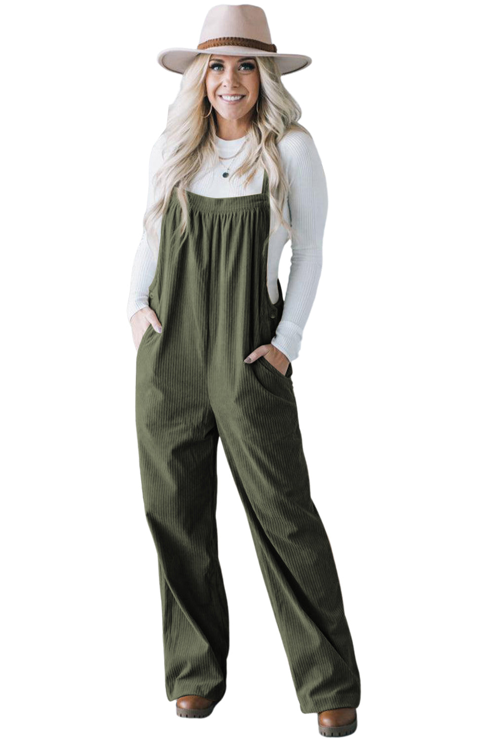 Jungle Green Solid Pocket Loose Fit Kord Over het algemeen