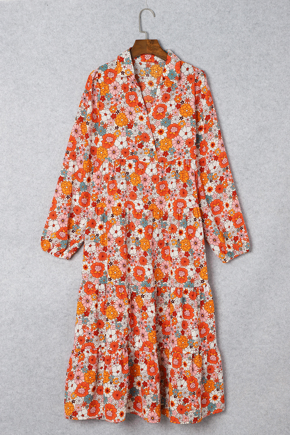 Multicolor Boho Floral Collared Long -Sleeveved, Roted Dress