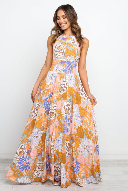 Oranje boho bloebroof puntige mouwloze maxi -jurk