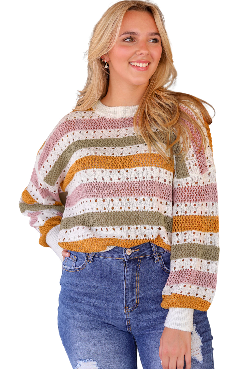 Mehrfarbig gestreifter strickpullover mit lochmuster