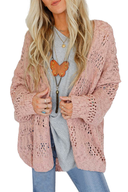 Pink Casual Cardigan met Dolman -mouwen en gatpatronen