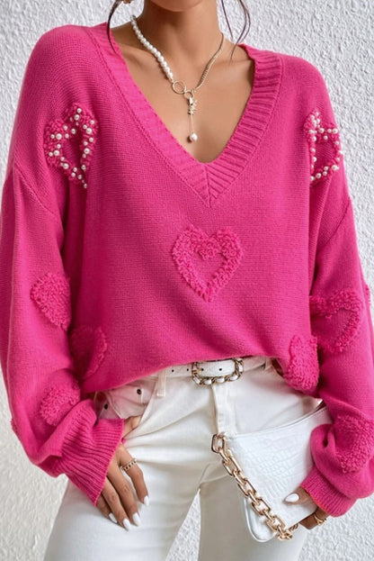 Rose Red, Pearl Decorated Sweater met een V-Neck en Fluffy Heart