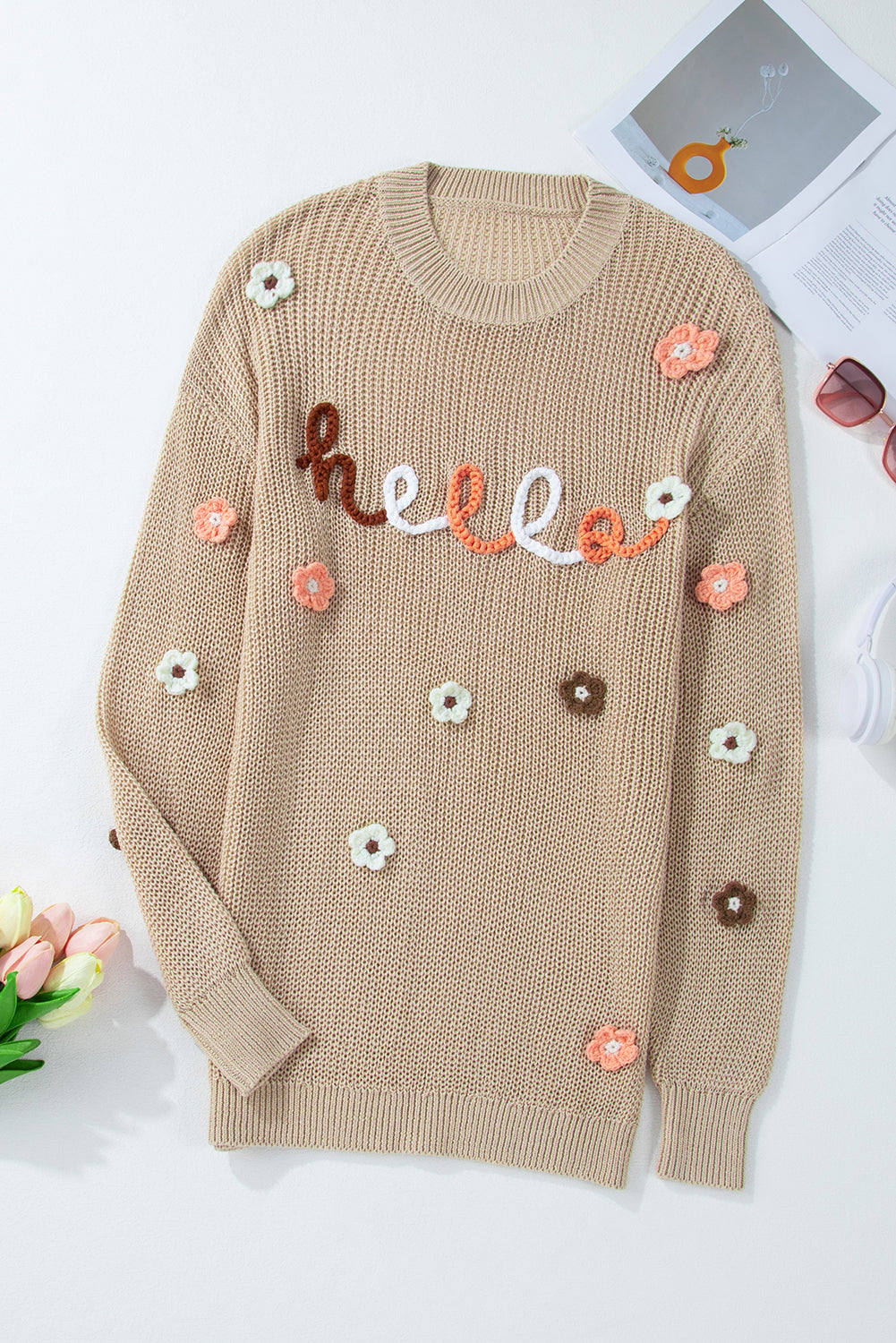 Pergament hello floral bestickter strickpullover