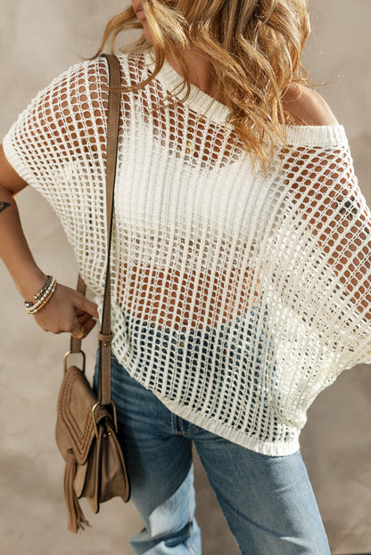 Whit fishnet knit ribbed runde hals kurzarm pullover tee