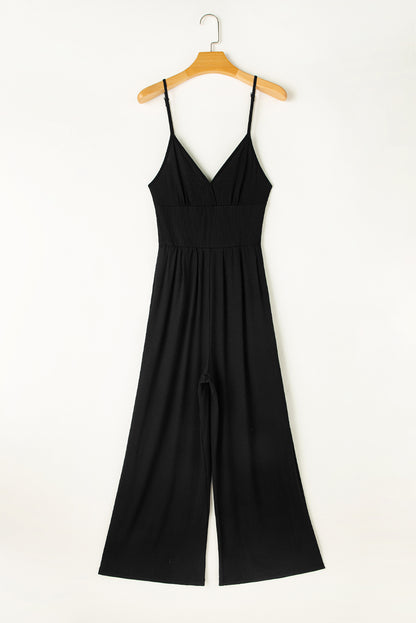 Zwart breedbeen met een hoge taille sexy v-neck cami jumpsuit