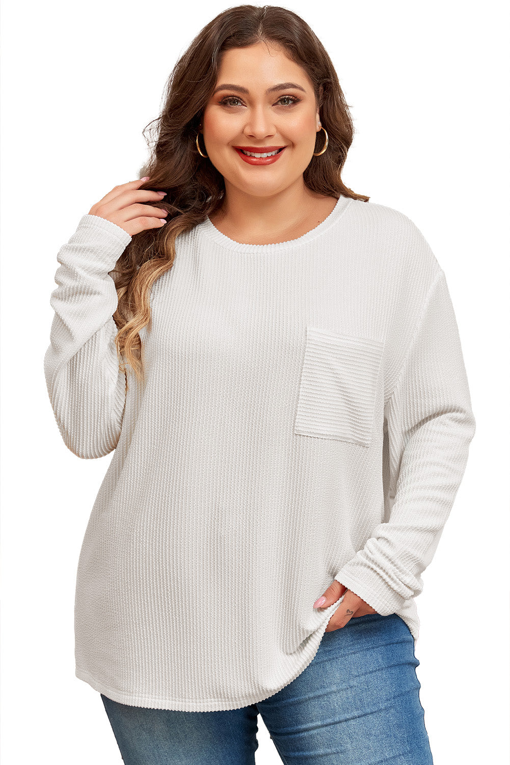 Weißes plus size geripptes strukturiertes langarm-t-shirt