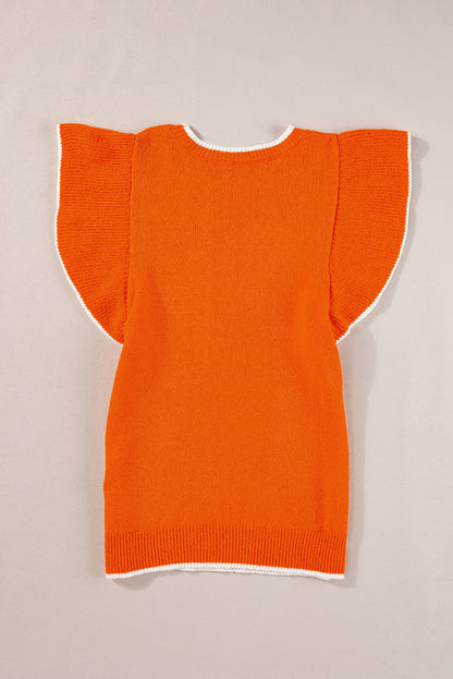 Roodbruine oranje contrast trim ruches gebreide mouwen top