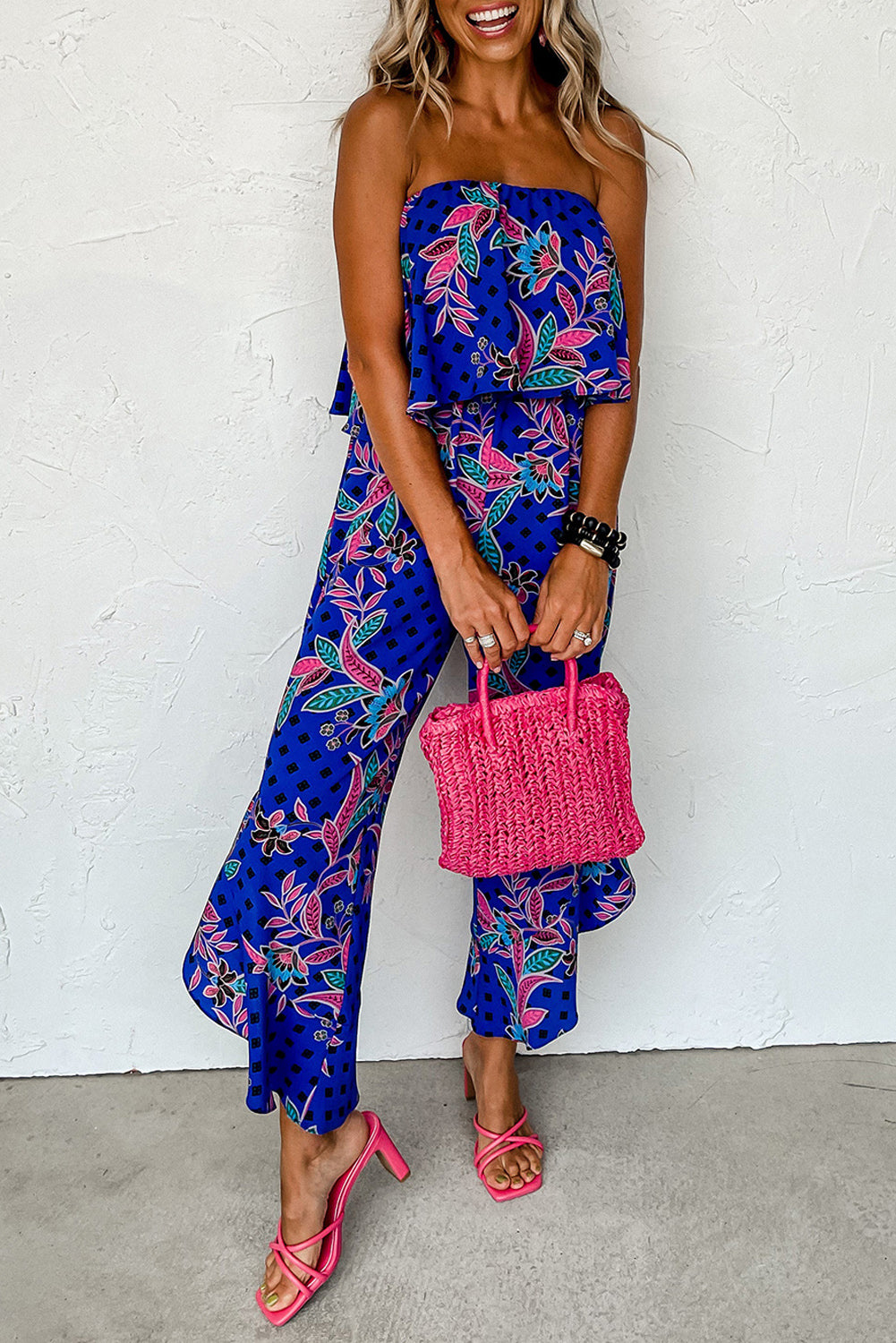 Blue Mix Tropical Print Service verwezen jumpsuit