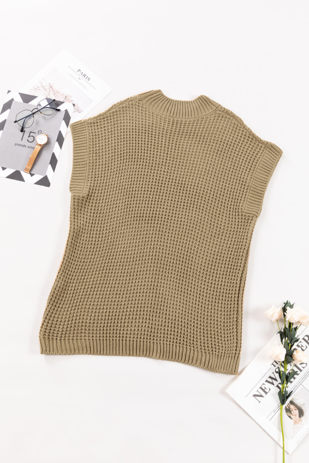 Helles french beige hoher hals kurzer batwing ärmel strukturierter strickpullover