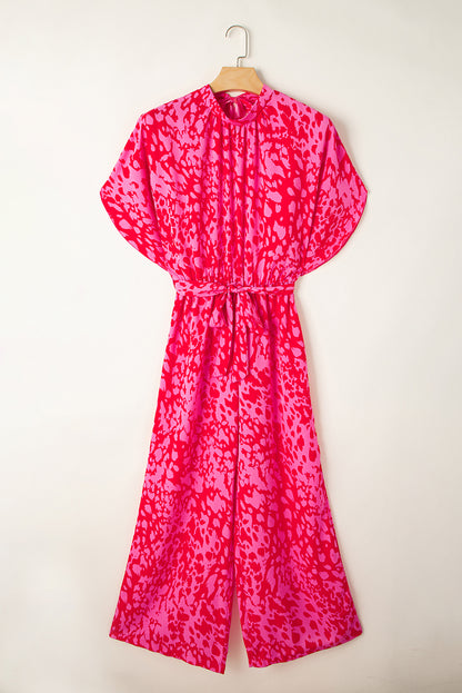 Roze luipaard losse mouwgordel met een wide been jumpsuit