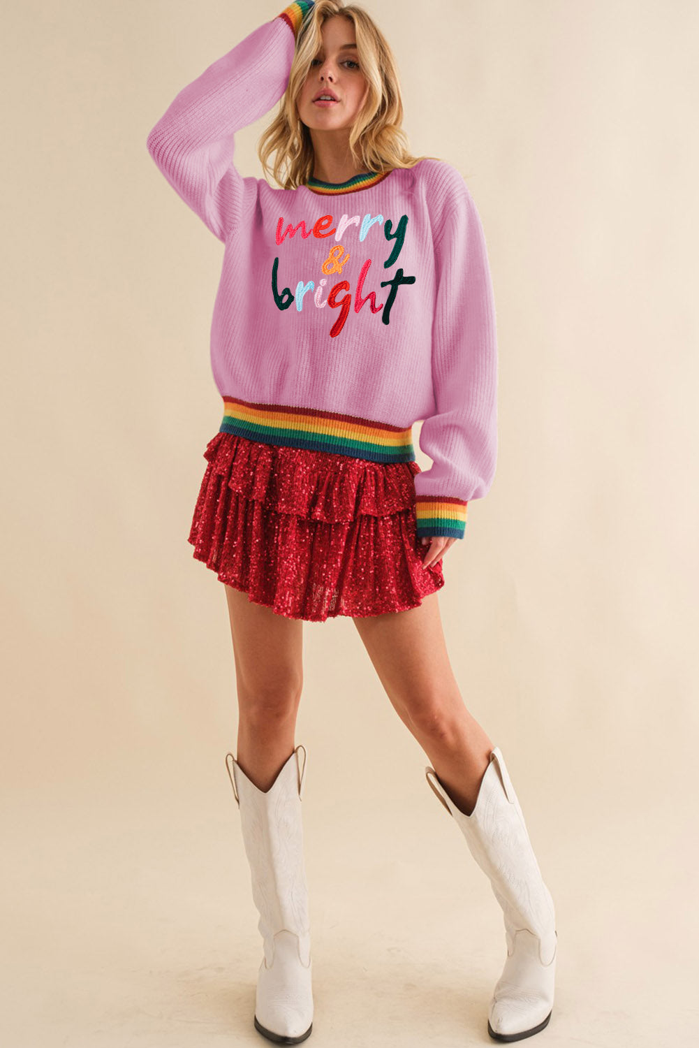 Bonbon merry & bright colorful stripes trim pullover