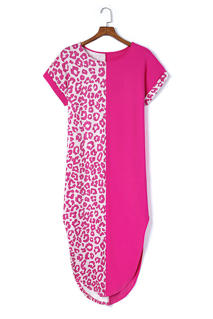 Rose contrast solid leopard kurzarm-t-shirt-kleid mit schlitzen