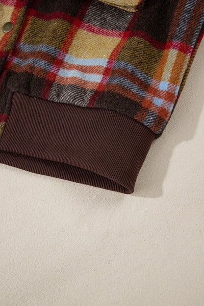 Brown plaid print brusttaschen knopf reißverschluss stehkragen jacke