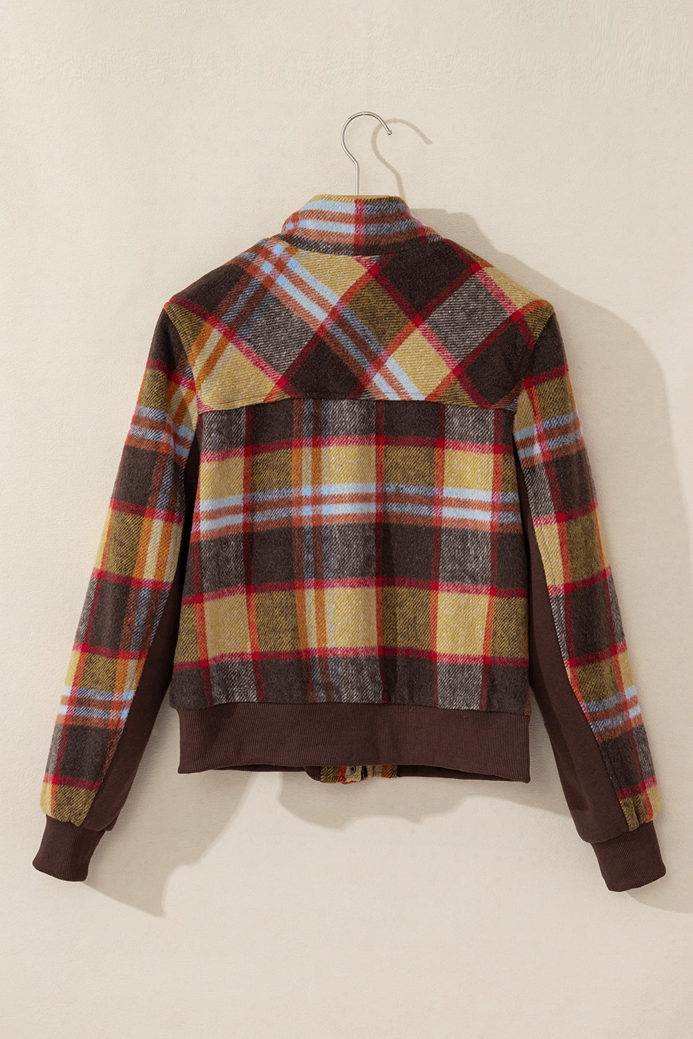 Brown plaid print brusttaschen knopf reißverschluss stehkragen jacke