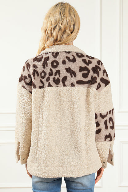 Beige leopard patchwork snap buttons sherpa jacke