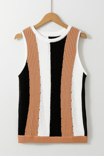 Khaki stripe color block ärmelloser strickpullover vest