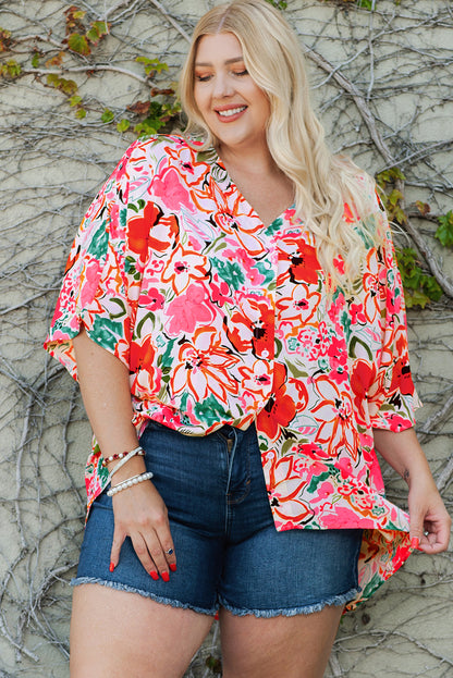 Rose plus größe floral print kimono ärmel shirt