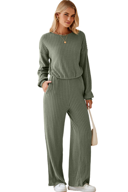 LAUREL GREEN FULL RIB -trim sleutelgat terug hoge taille jumpsuit