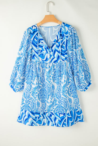 Himmelblau Boheemse print Puff Sleeve Tied V Neck uitlopende mini -jurk