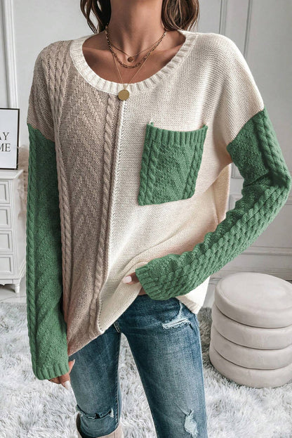 Vineyard grüner colorblock pullover mit aufgesetzten taschen und schultertaschen