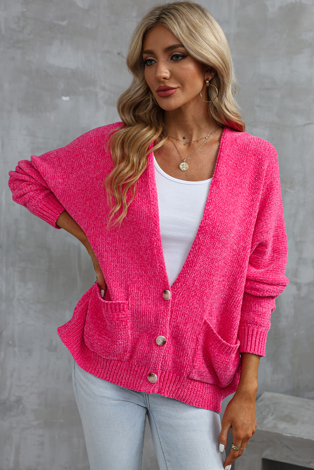 Rose knöpfe front pocketed pullover cardigan