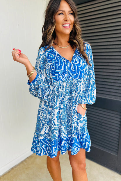 Himmelblau Boheemse print Puff Sleeve Tied V Neck uitlopende mini -jurk