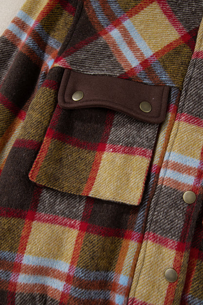 Brown plaid print brusttaschen knopf reißverschluss stehkragen jacke