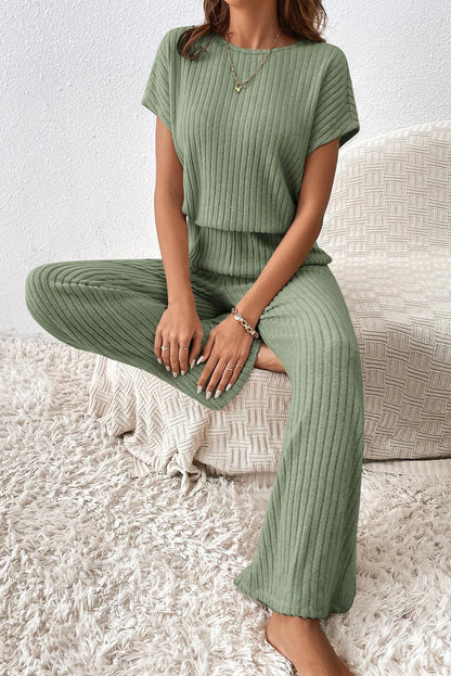 Gras -Green vaste kleur geribbeld kort -zoven wide been jumpsuit