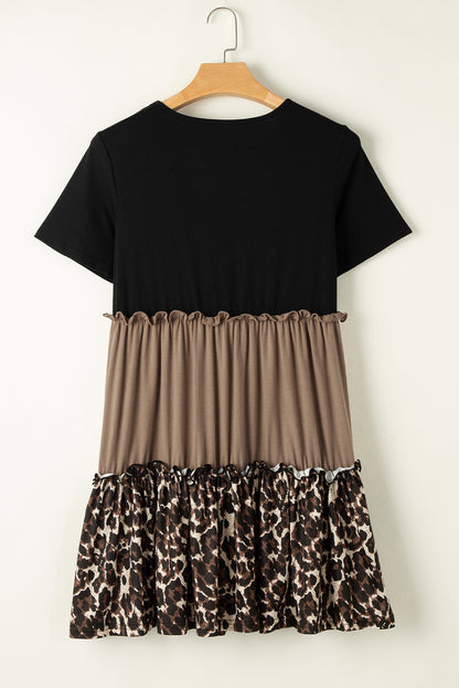 Light french beige leopard print colorblock rüschen-t-shirt-kleid