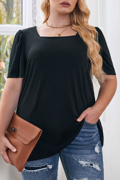 Schwarzes plus size quadratischer hals geraffte schulter kurzarm top