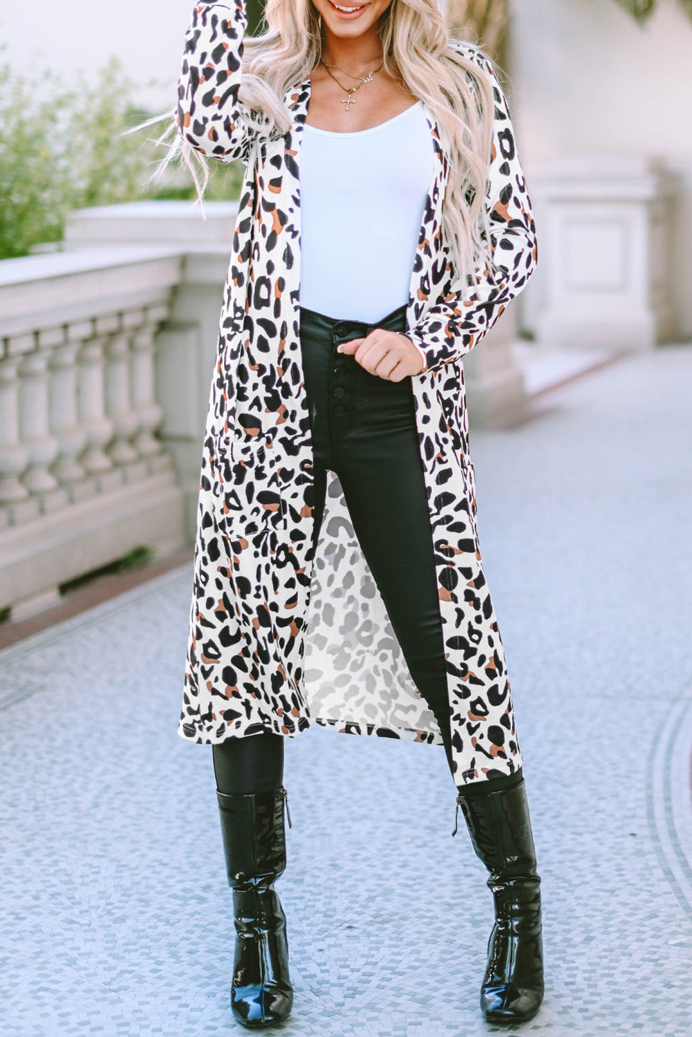 Leopard pocketed open front duster cardigan