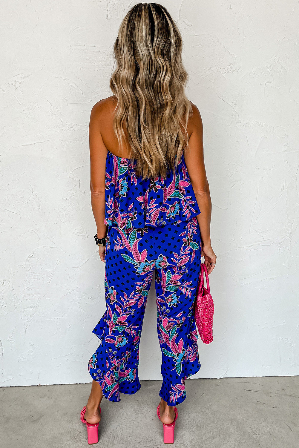 Blue Mix Tropical Print Service verwezen jumpsuit