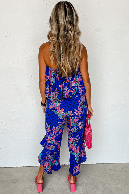 Blue Mix Tropical Print Service verwezen jumpsuit