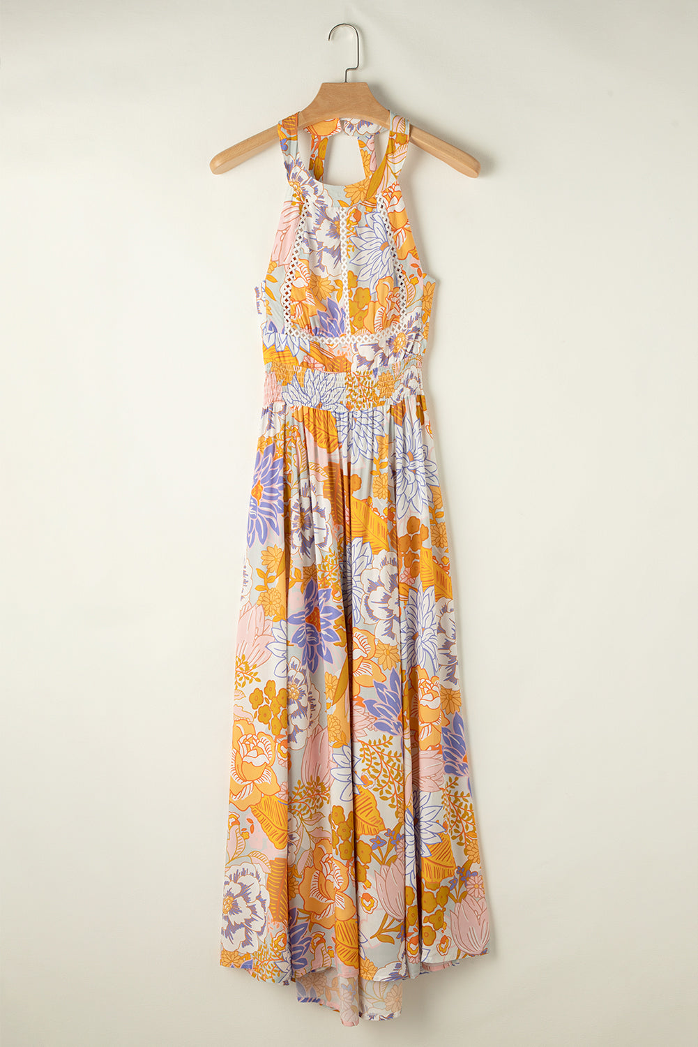 Oranje boho bloebroof puntige mouwloze maxi -jurk