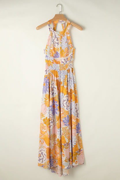 Oranje boho bloebroof puntige mouwloze maxi -jurk