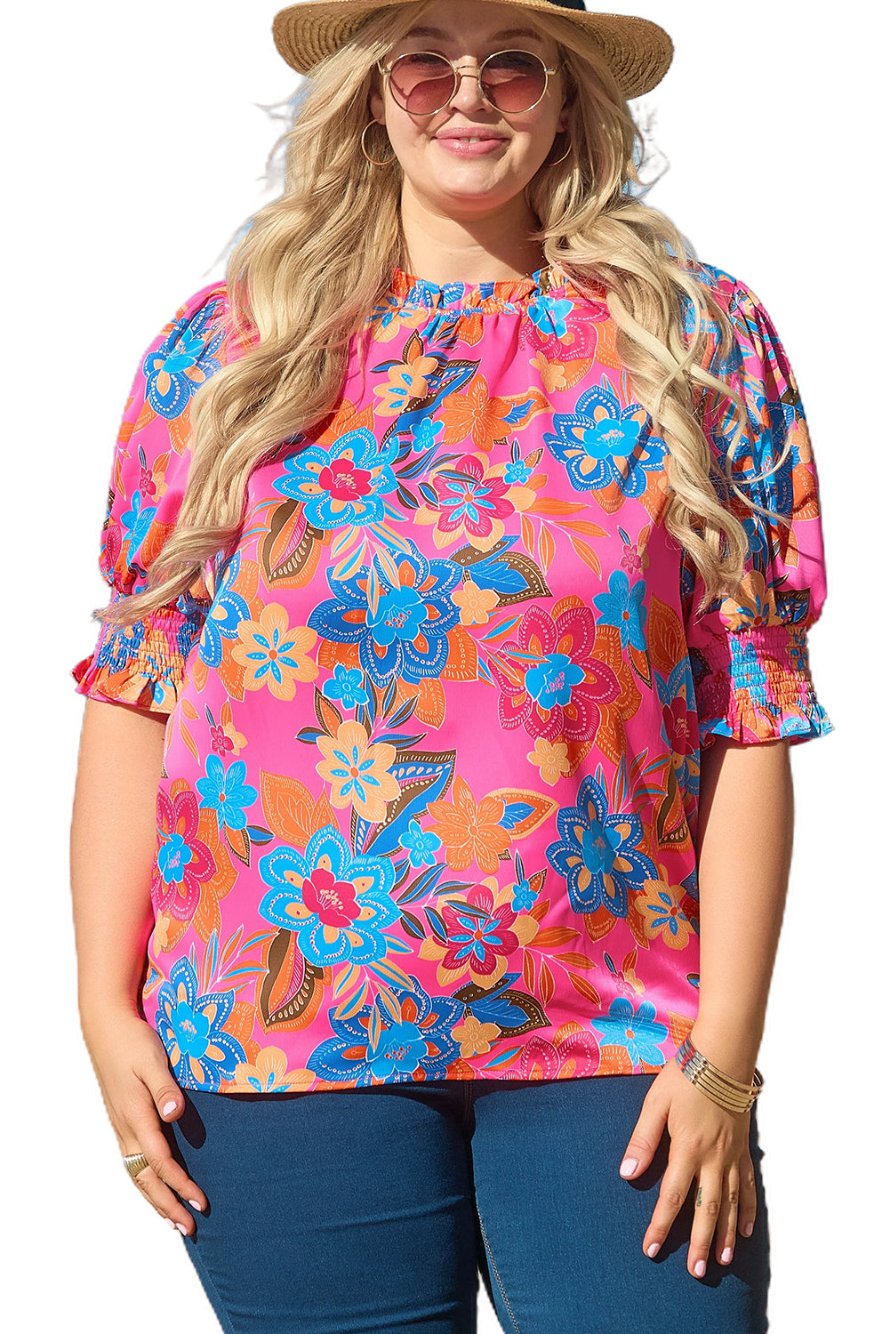 Rose plus floral print gekräuselter ausschnitt bluse mit puffärmeln