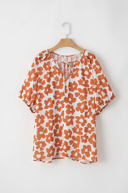 Orange plus größe floral print drawstring v hals kurzarm bluse