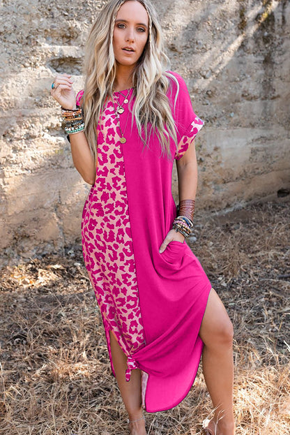 Rose contrast solid leopard kurzarm-t-shirt-kleid mit schlitzen