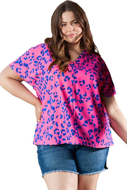 Rose contrast leopard print plus size v-ausschnitt bluse