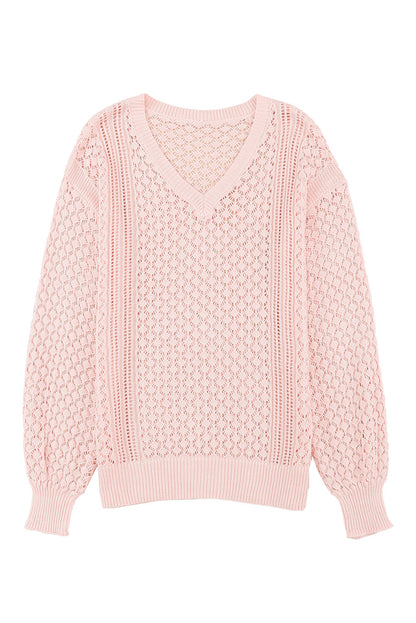 Pinker pullover mit geripptem v-ausschnitt aus lockerem pointelle-strick