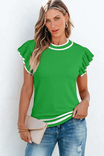 Bright Green Border Piping verzamelde mouwen Circulaire halslijn gebreide T -shirt