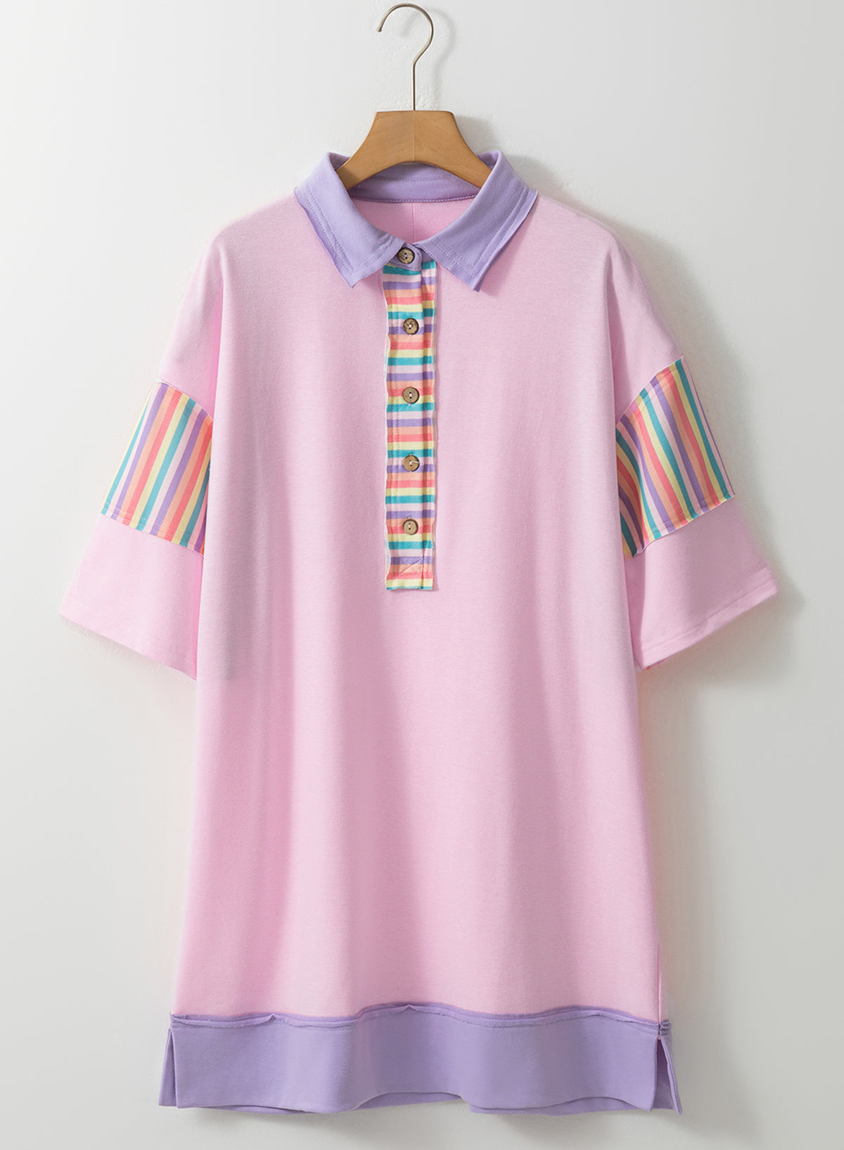 Rosa regenbogen streifen halbe ärmel geknöpftes t shirt kleid