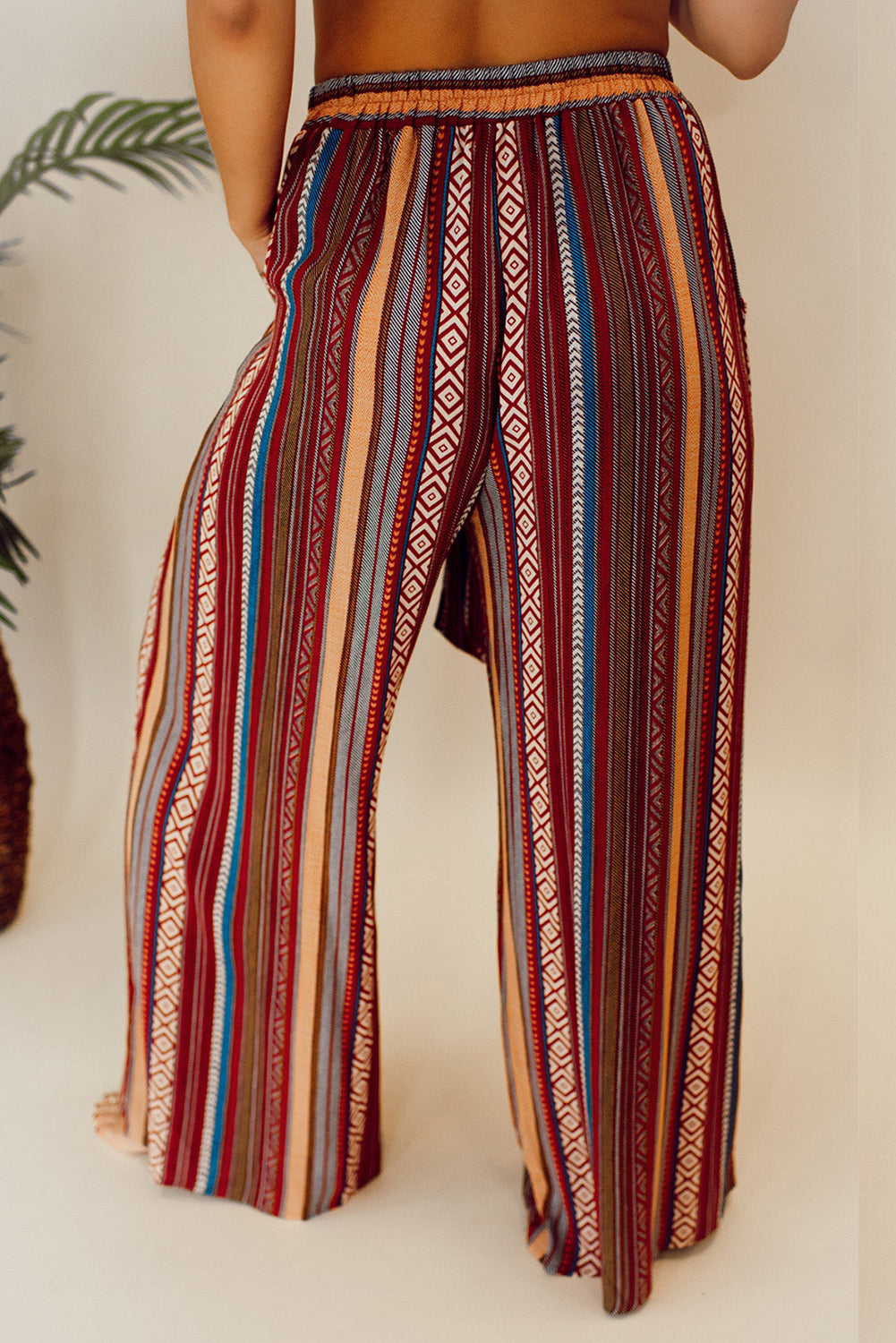 Rote boho ethnostreifen print krawatte taille weites bein hose