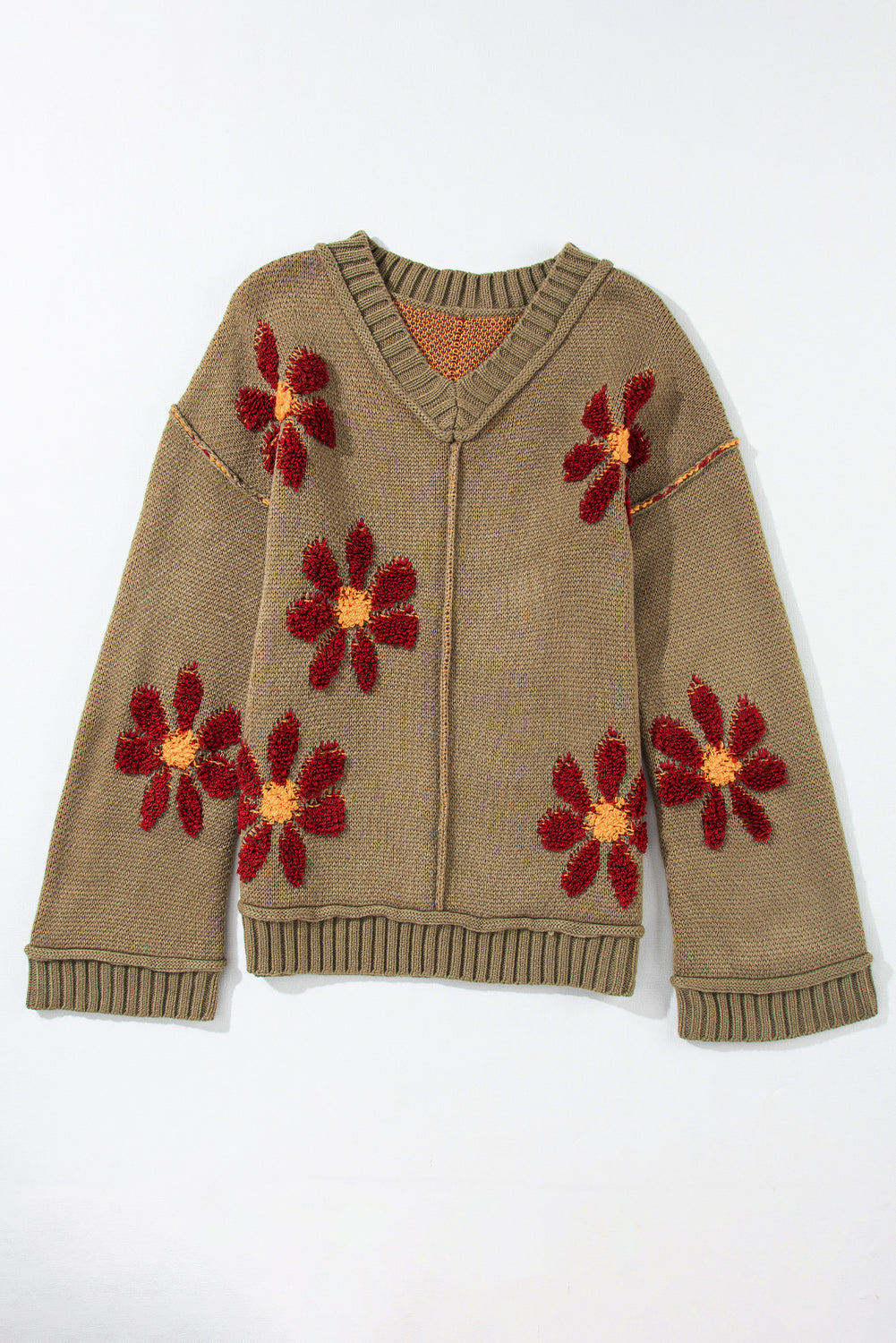 Salbeigrüner blumenstrickpullover mit geripptem v-ausschnitt