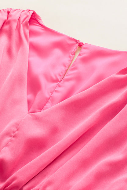 Strawberry Pink verzamelde mouwen V-hals Smock taille verzamelde jurk